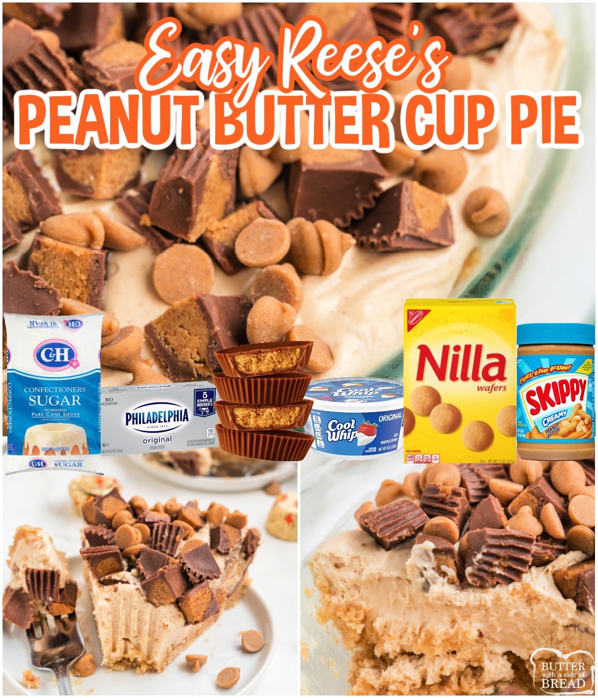 Reese's Peanut Butter Cup Pie is made with a simple vanilla wafer crust and a creamy peanut butter filling. This simple pie recipe is packed with Reese's Peanut Butter cups!