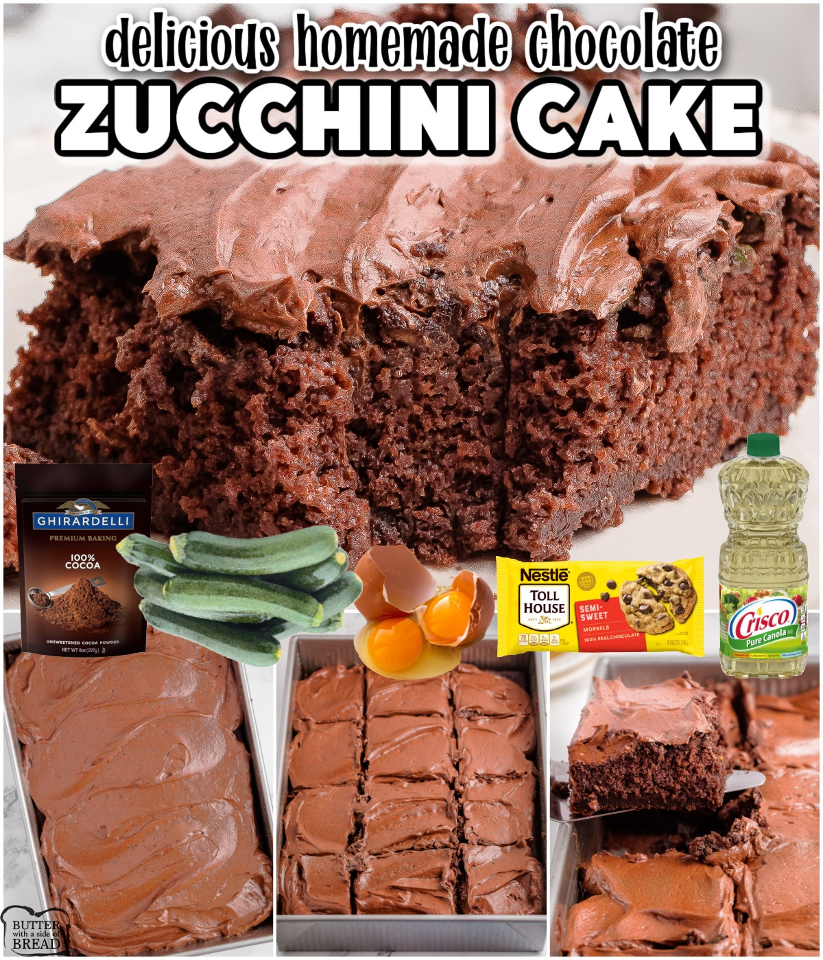 Chocolate Zucchini Cake is a moist, light cake that's topped with a smooth whipped chocolate ganache! The cake batter has grated zucchini which gives the cake a great texture, along with chocolate chips for extra chocolate!