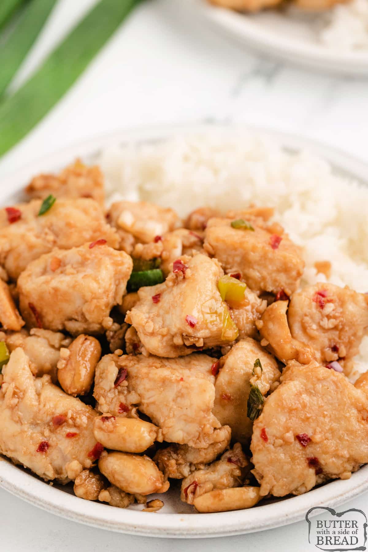 Chicken with red pepper flakes, garlic, ginger, peanuts, and green onions served over rice. 