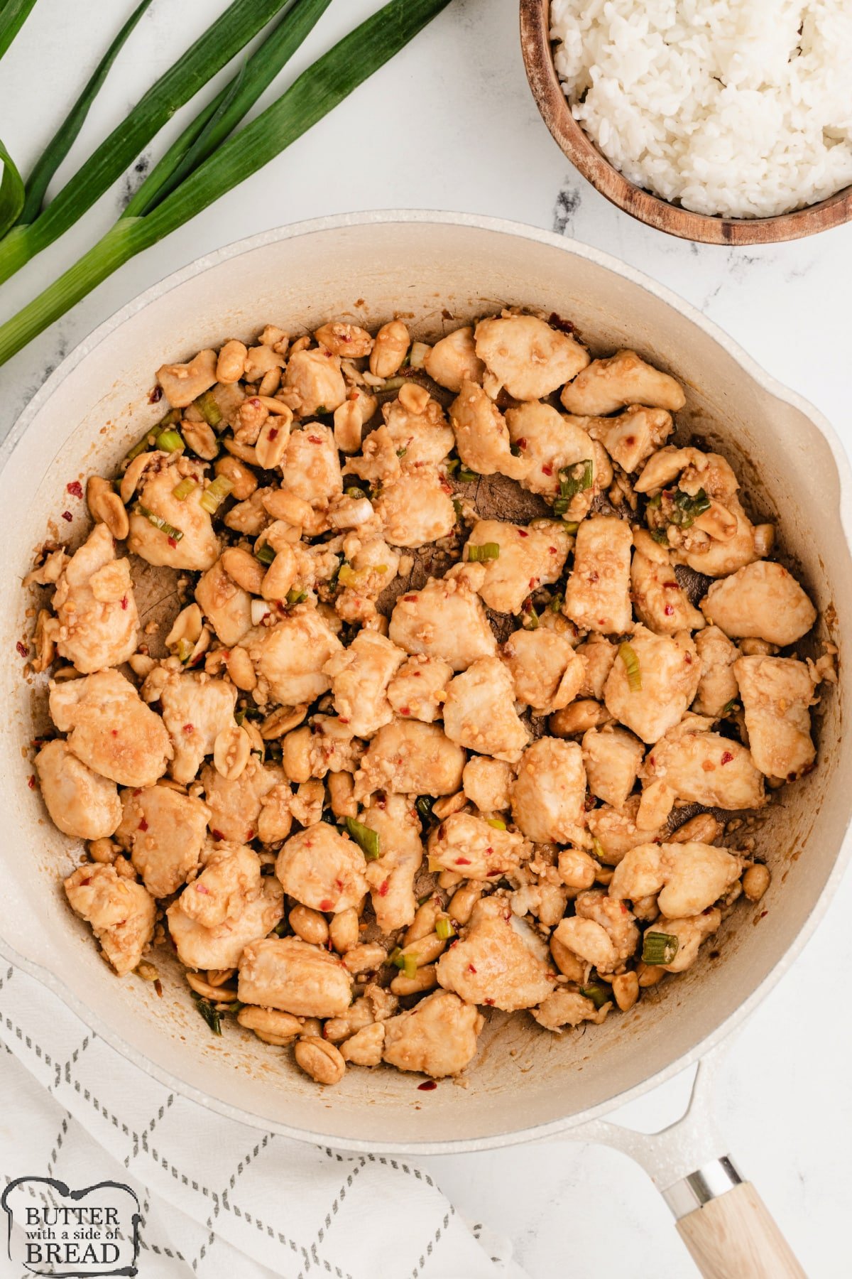 Kung Pao chicken in a skillet. 