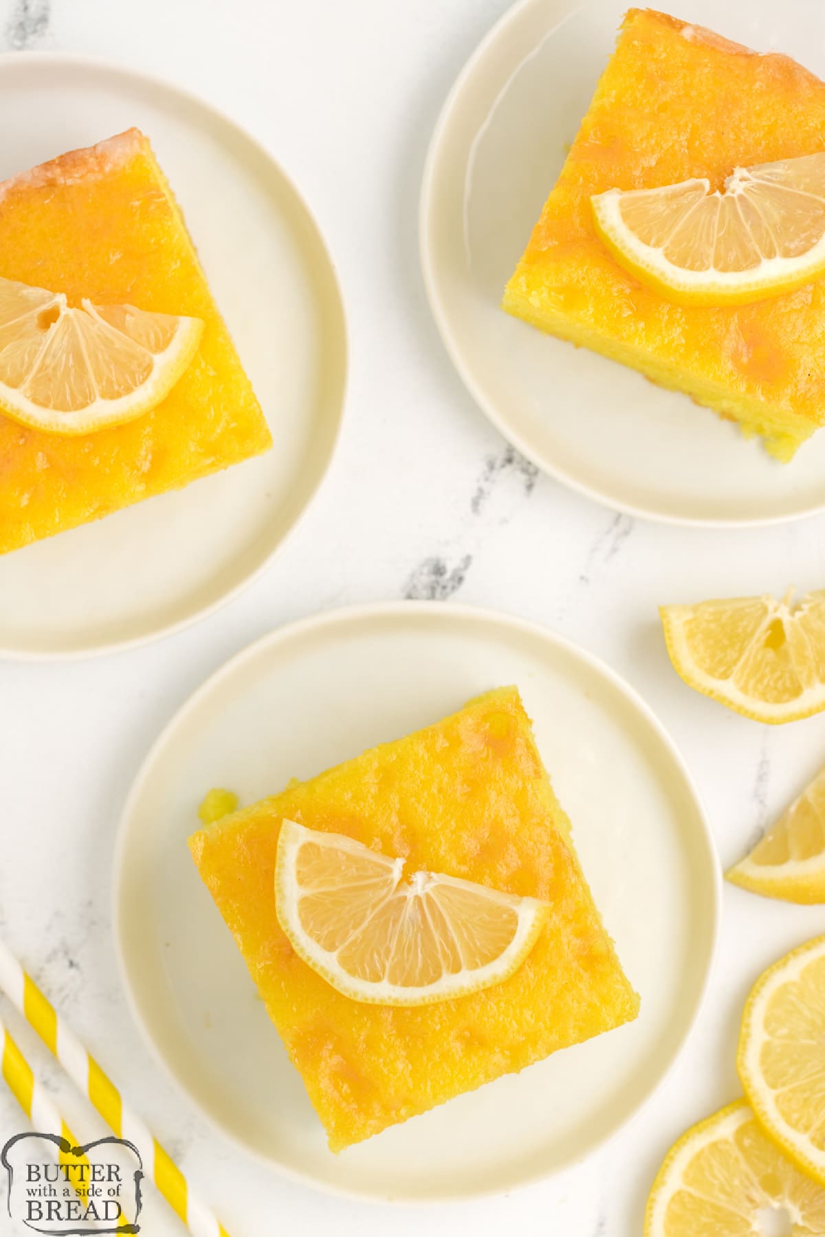 Slice of lemon cake made with lemon jello. 