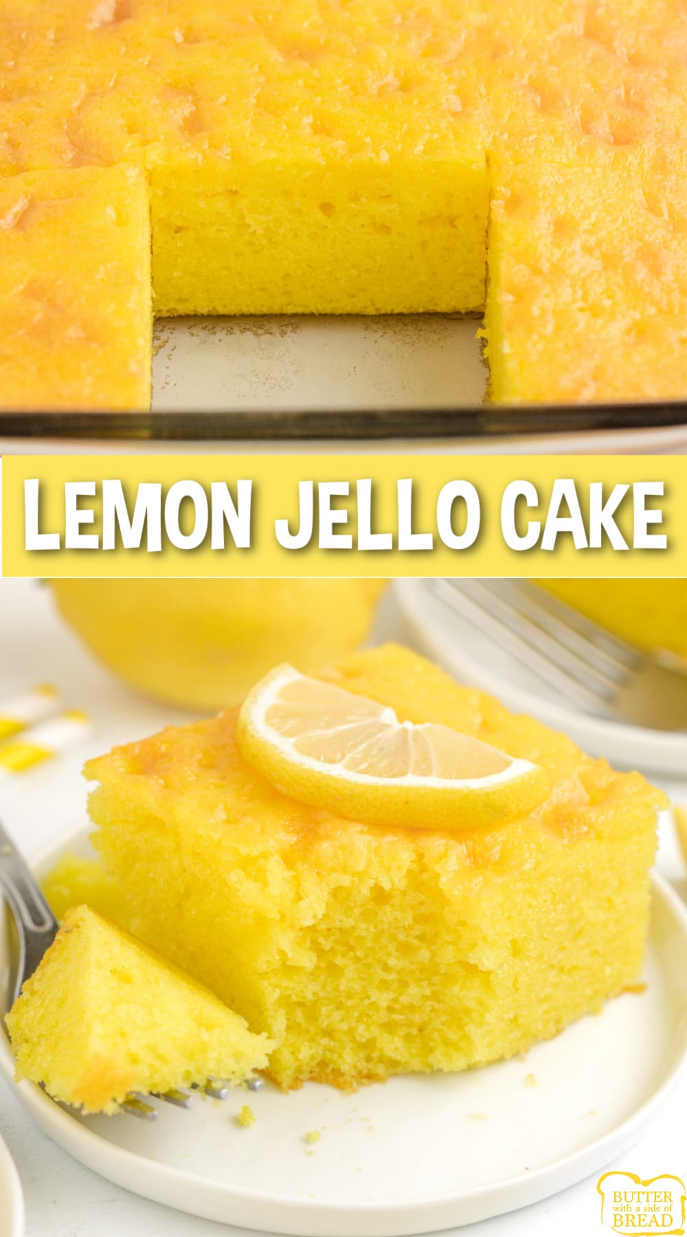 Lemon Jello Cake is easy to make and packed with tons of lemon flavor! This delicious cake is made with a lemon cake mix and lemon jello and topped with a simple lemon glaze.