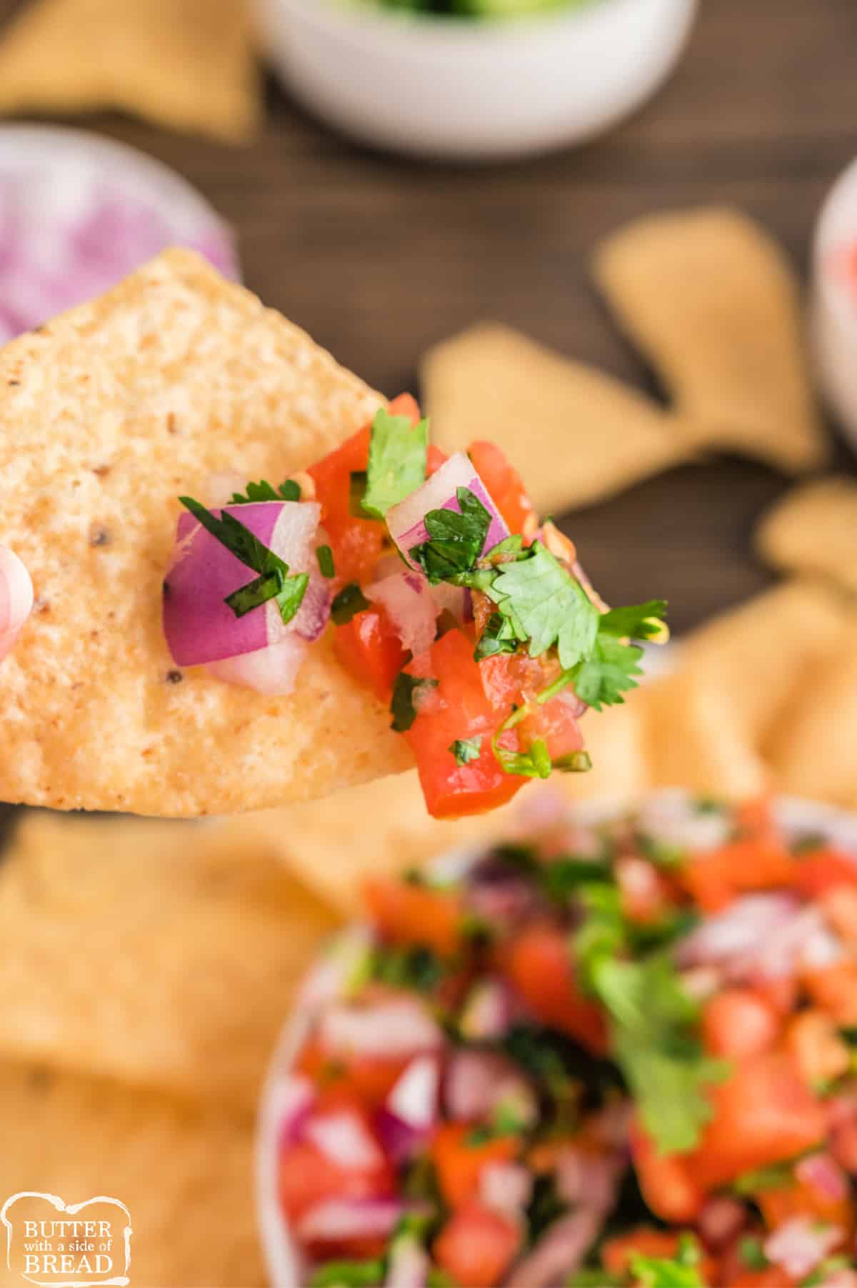 Chip dipped in fresh tomatoes, onions, cilantro, jalapeno, and lime juice. 