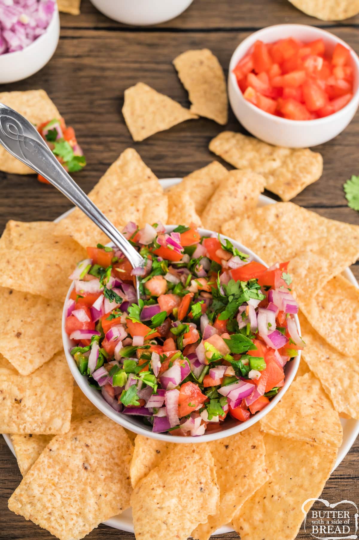 Chip dip made with tomatoes, onions, cilantro, garlic, and lime juice.