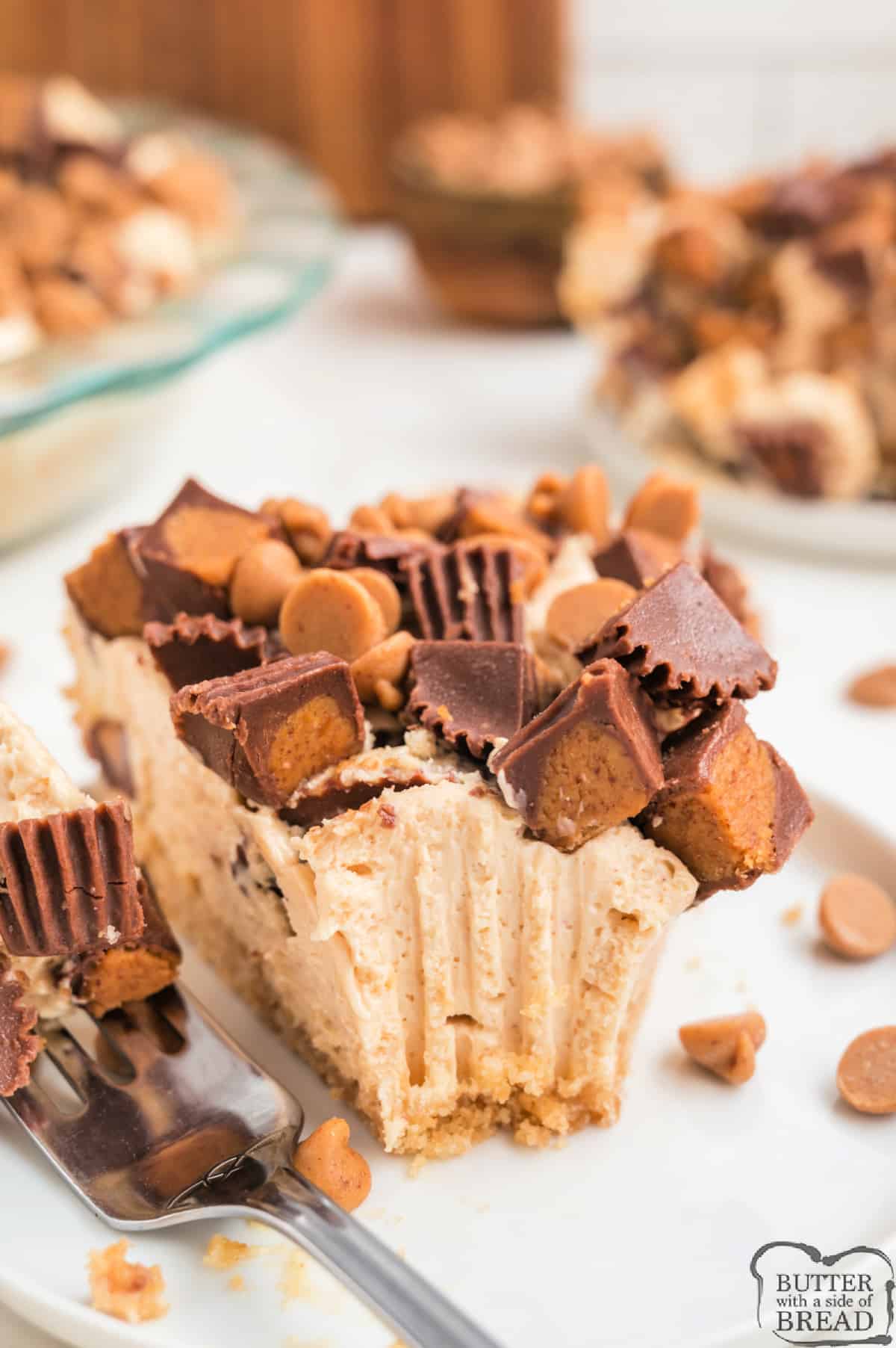Slice of peanut butter pie with peanut butter cups.