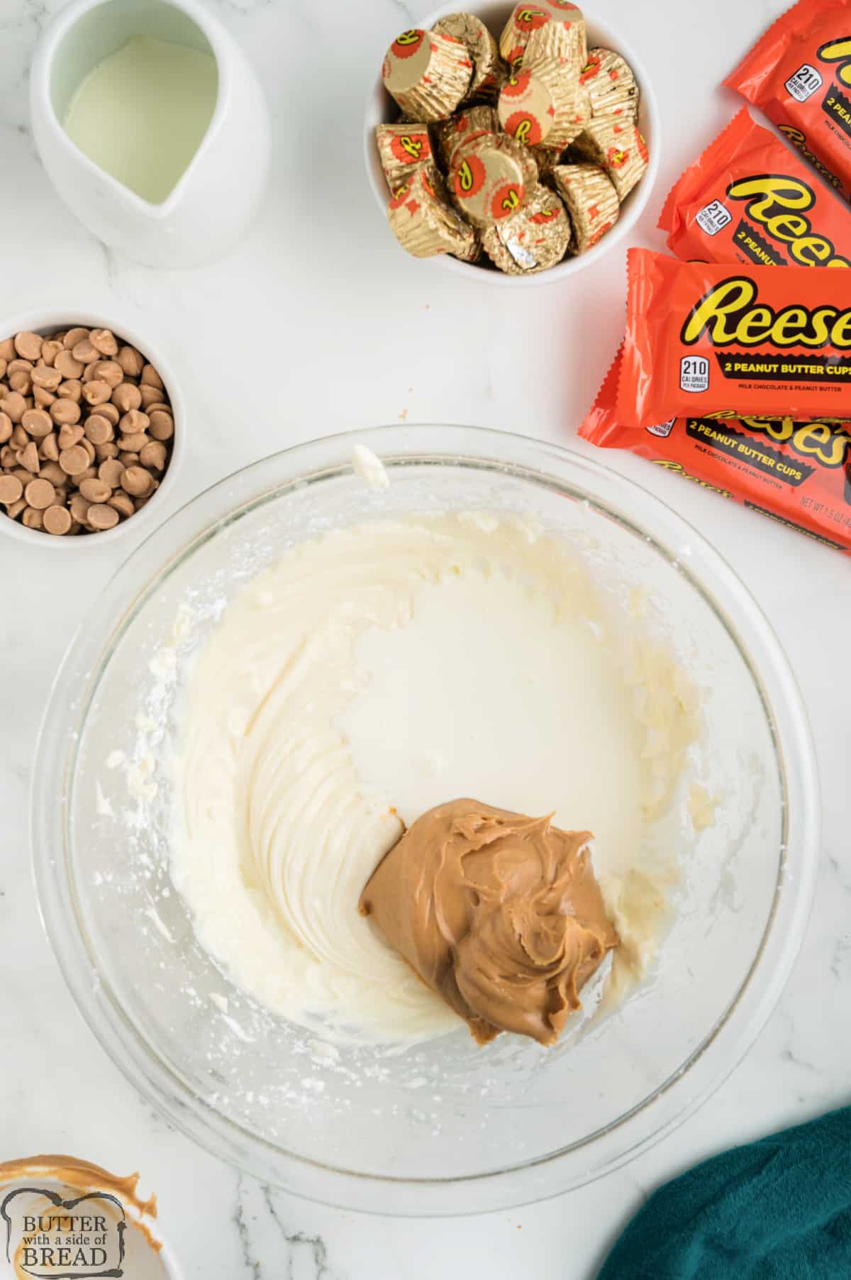 Add peanut butter and heavy cream to pie filling. 