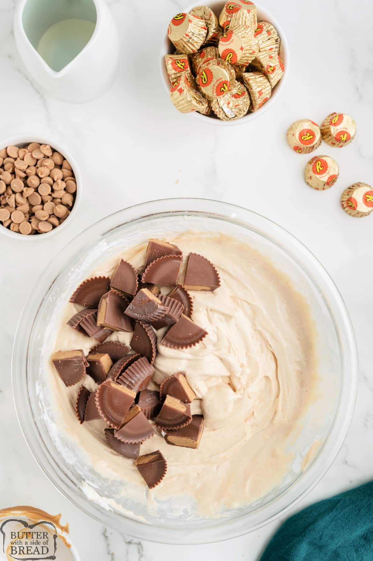Add chopped peanut butter cups to pie filling. 