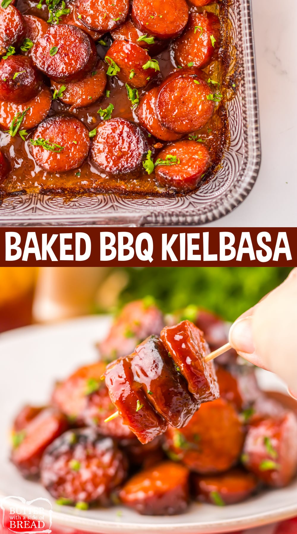 This Baked BBQ Kielbasa is an easy crowd-pleaser.  Smoked sausage, BBQ sauce, brown sugar, seasonings, and mustard come together to create a delicious appetizer or main dish to serve at your next potluck. 