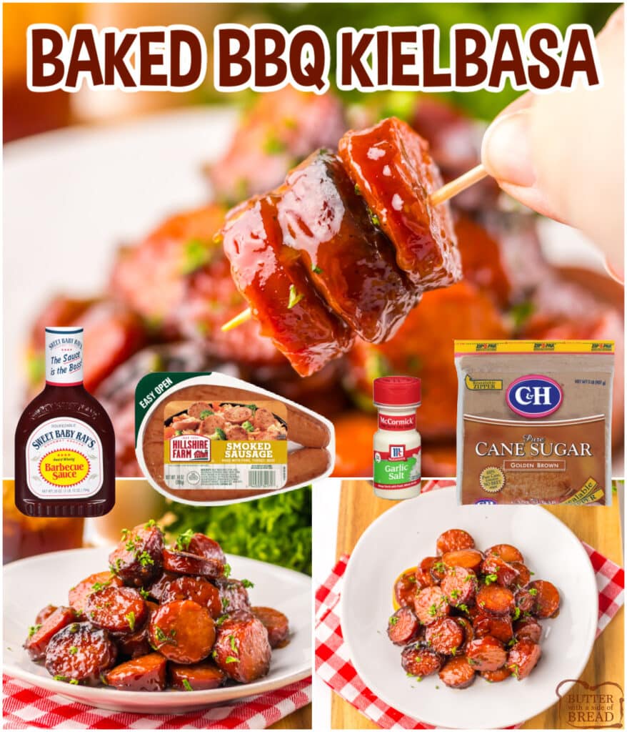 This Baked BBQ Kielbasa is an easy crowd-pleaser.  Smoked sausage, BBQ sauce, brown sugar, seasonings, and mustard come together to create a delicious appetizer or main dish to serve at your next potluck. 