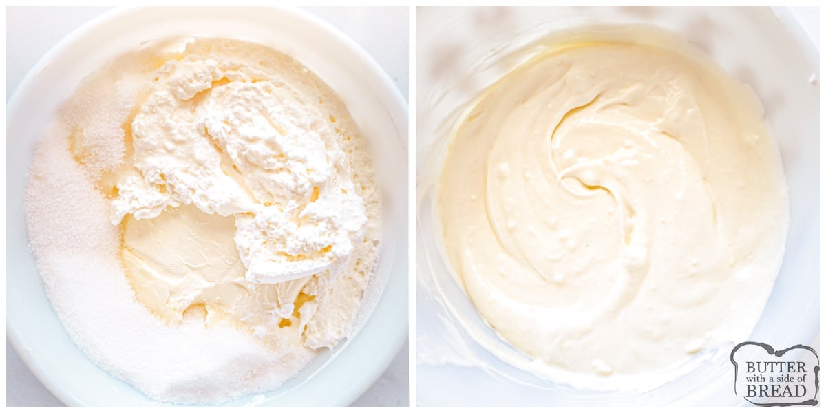Mixing cream cheese, sugar and Cool Whip together. 