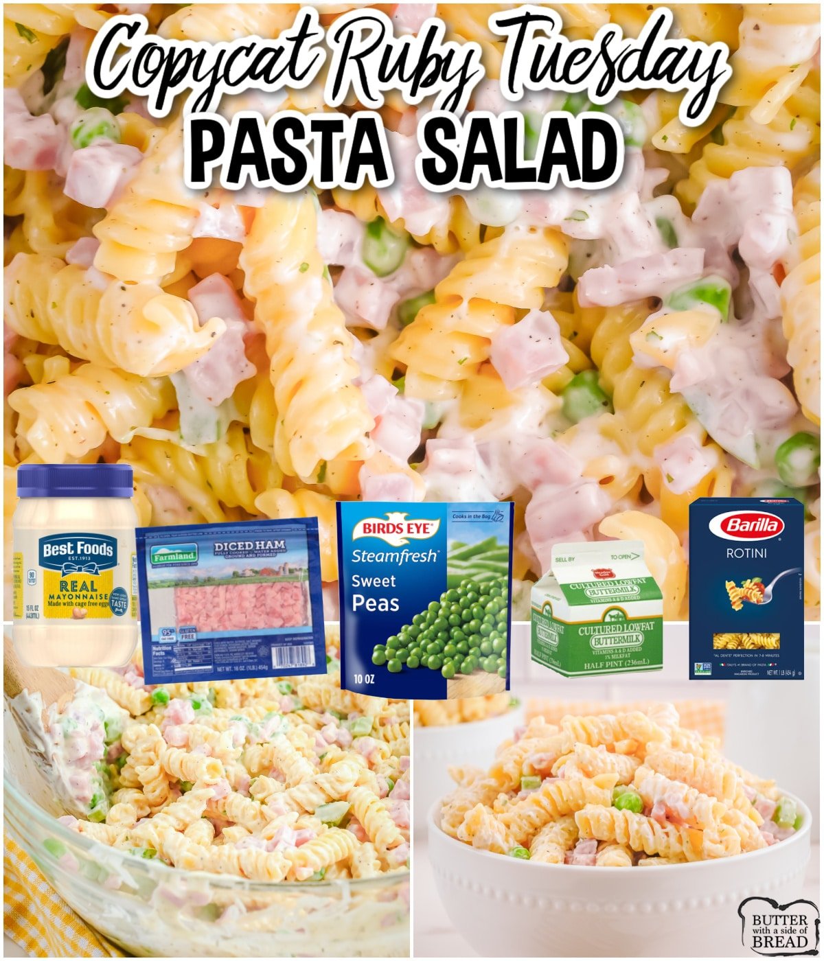 Copycat Ruby Tuesday Pasta Salad is simple pasta salad with ham, peas, peppers topped with a creamy ranch dressing that adds the perfect flavor! Pasta salad just like you get at Ruby Tuesday's restaurant! 