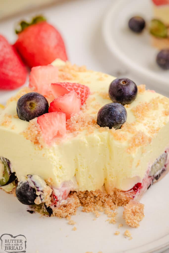 piece of creamy berry lemon jello with graham cracker cust
