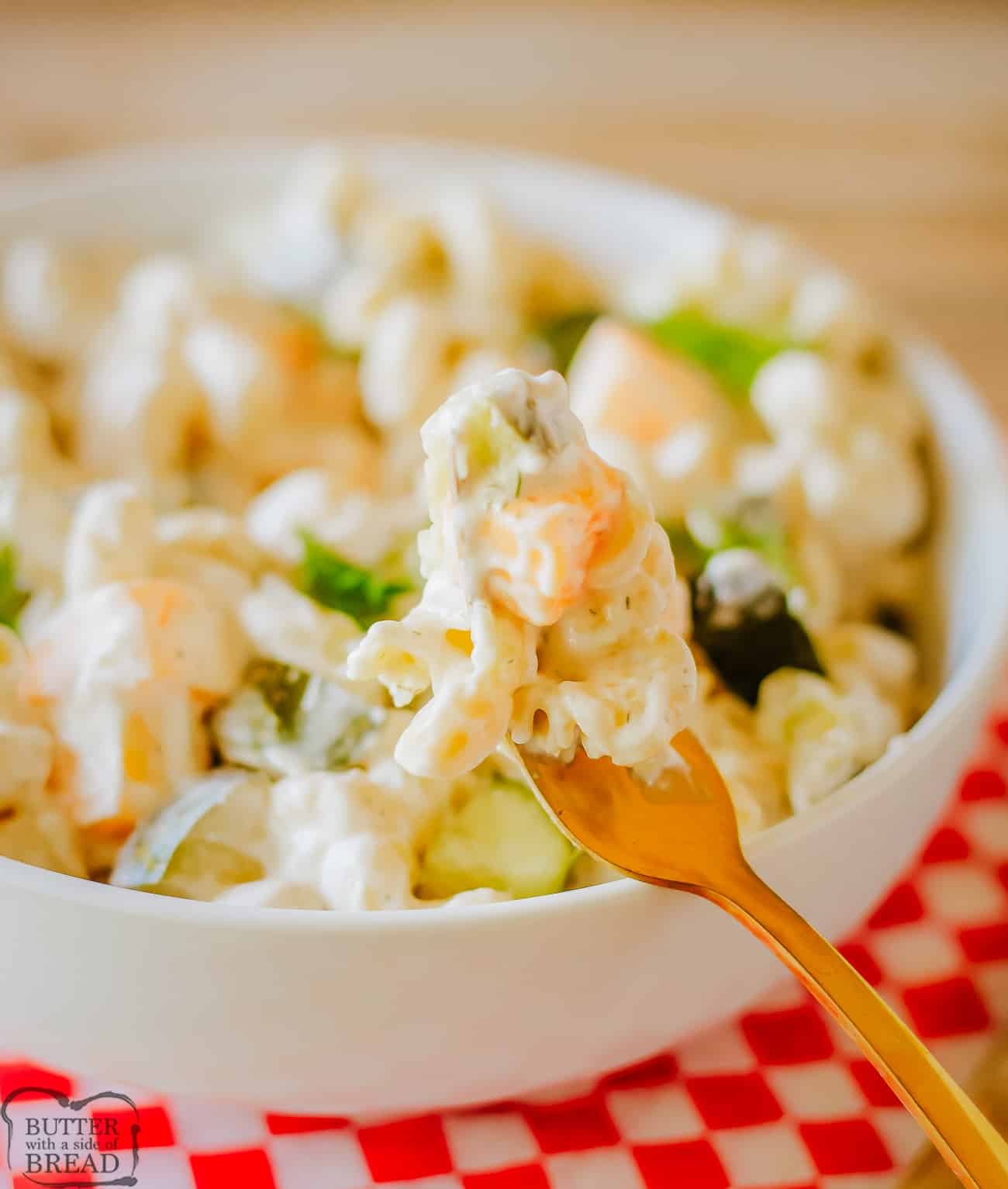 bite of dill pickle pasta salad on a fork