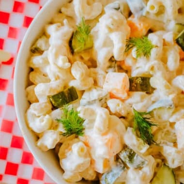 dill pickle pasta salad with cheese cubes