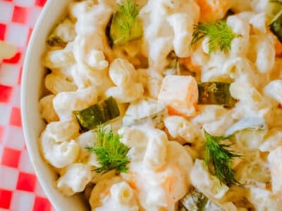 dill pickle pasta salad with cheese cubes