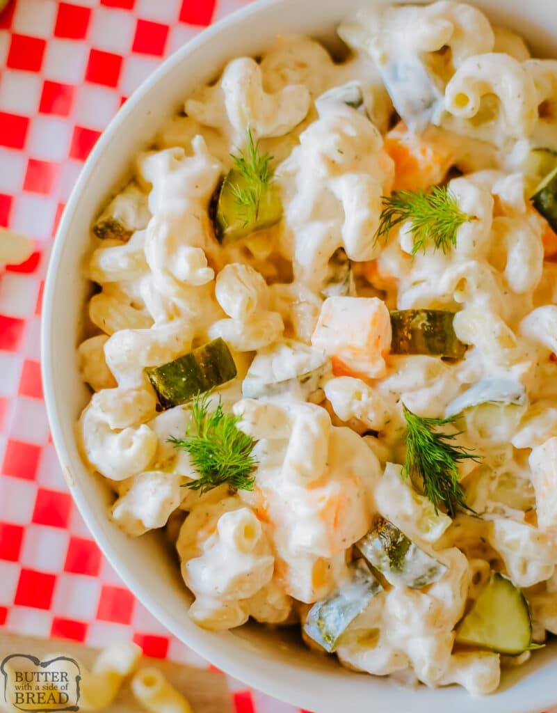 dill pickle pasta salad with cheese cubes