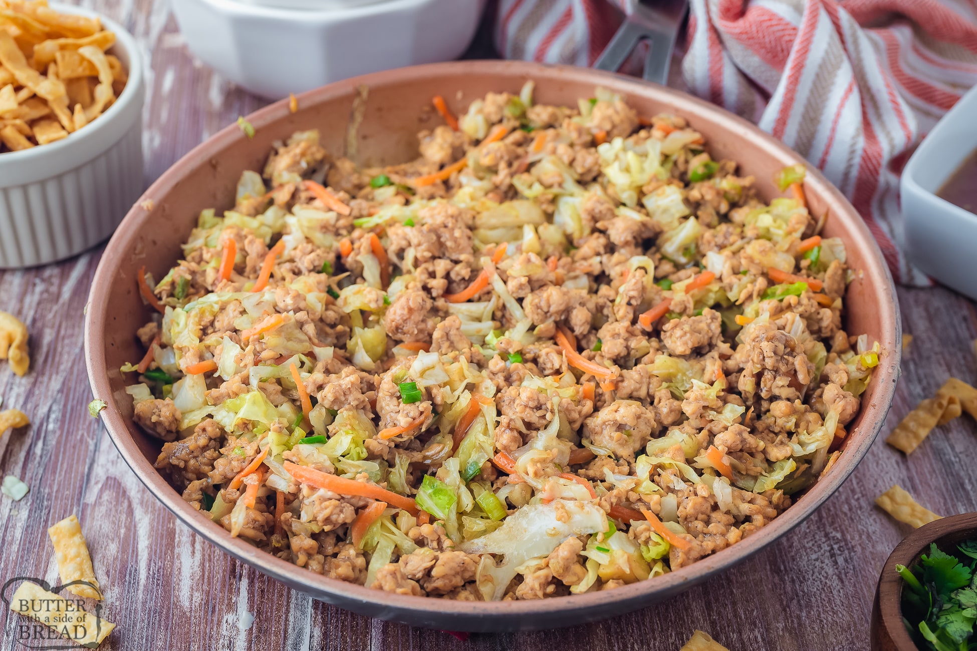 skillet with inside out egg roll ingredients