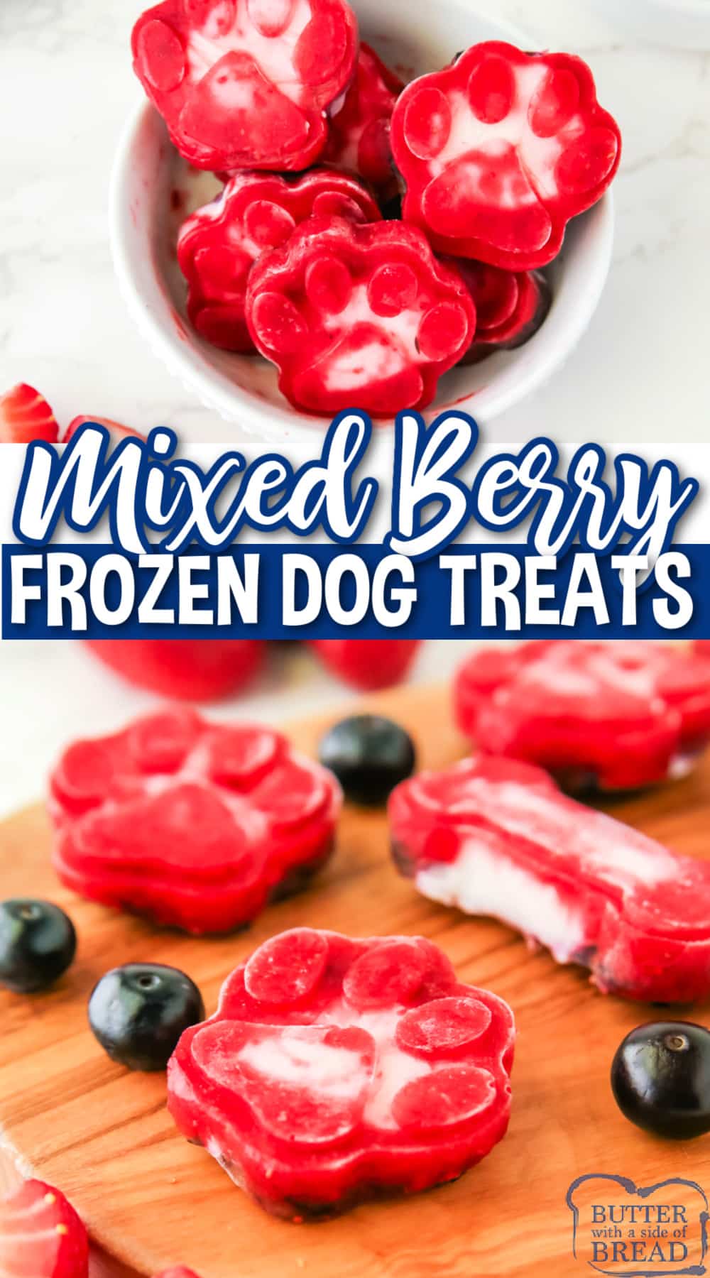 Mixed Berry Frozen Dog Treats are made with 3 simple ingredients and they are so refreshing for summer! Healthy dog treats are made with strawberries, blueberries, and Greek yogurt. 
