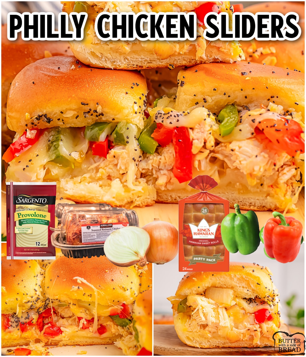 Philly Chicken Sliders made with shredded chicken, sautéed bell peppers, onions, and provolone cheese for a simple weeknight meal full of flavor!