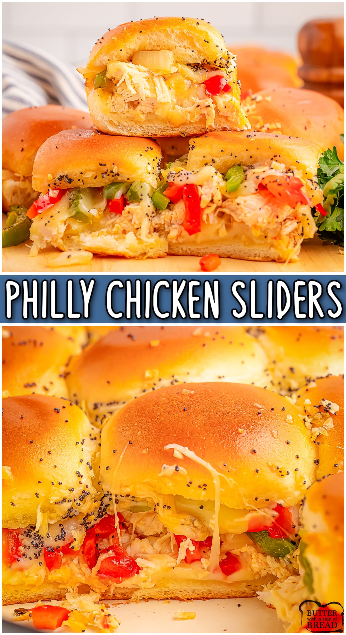 Philly Chicken Sliders made with shredded chicken, sautéed bell peppers, onions, and provolone cheese for a simple weeknight meal full of flavor!