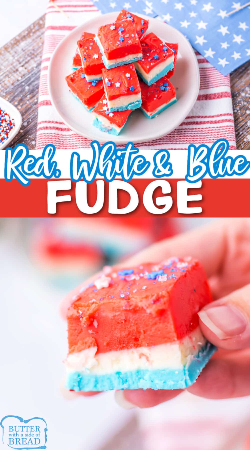 Red, White & Blue Fudge is a patriotic marshmallow cream fudge that is smooth, creamy, and easy to make. This simple fudge recipe is perfect for the 4th of July!