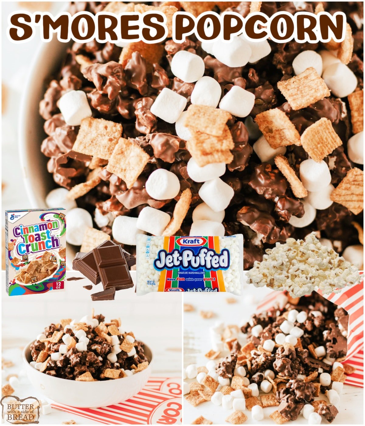 S'mores Popcorn made with chocolate, cinnamon toast crunch, and mini marshmallows in less than 10 minutes. Only 4 ingredients are needed to make this sweet popcorn recipe that tastes just like your favorite summertime treat!