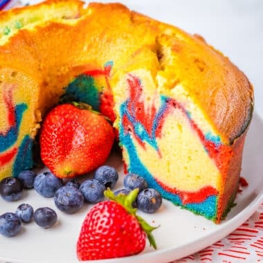 4th of July pound cake with red, white and blue swirls