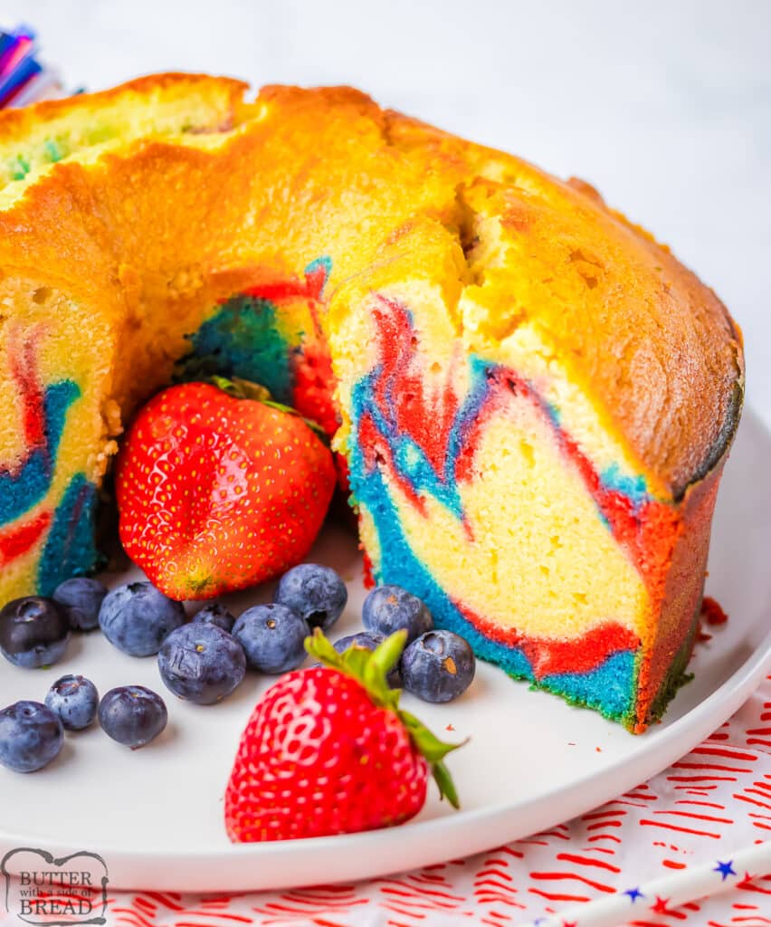 4th of July pound cake with red, white and blue swirls