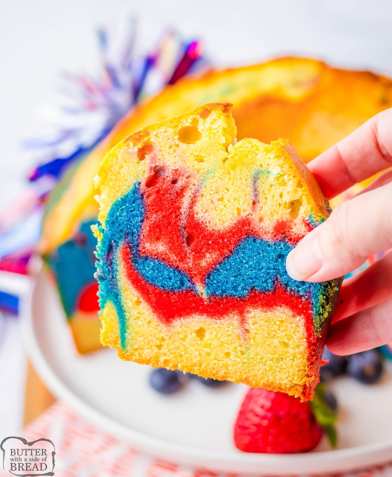 4th of July pound cake with a red and blue swirl