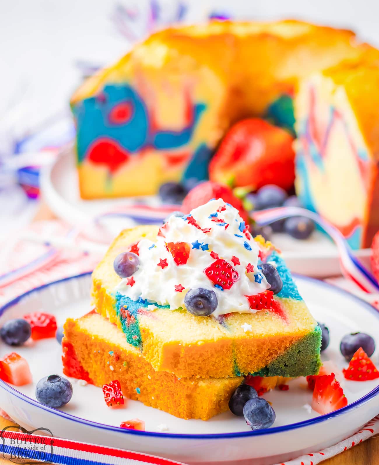 4th of July pound cake recipe with red and blue swirls