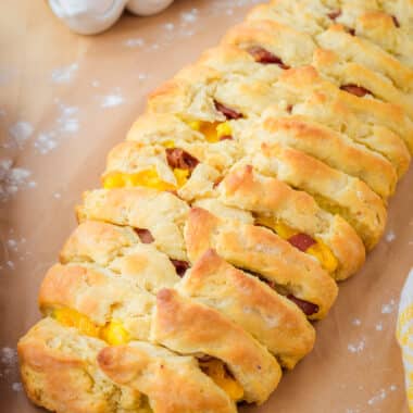 bacon egg and cheese breakfast biscuit braid on a platter