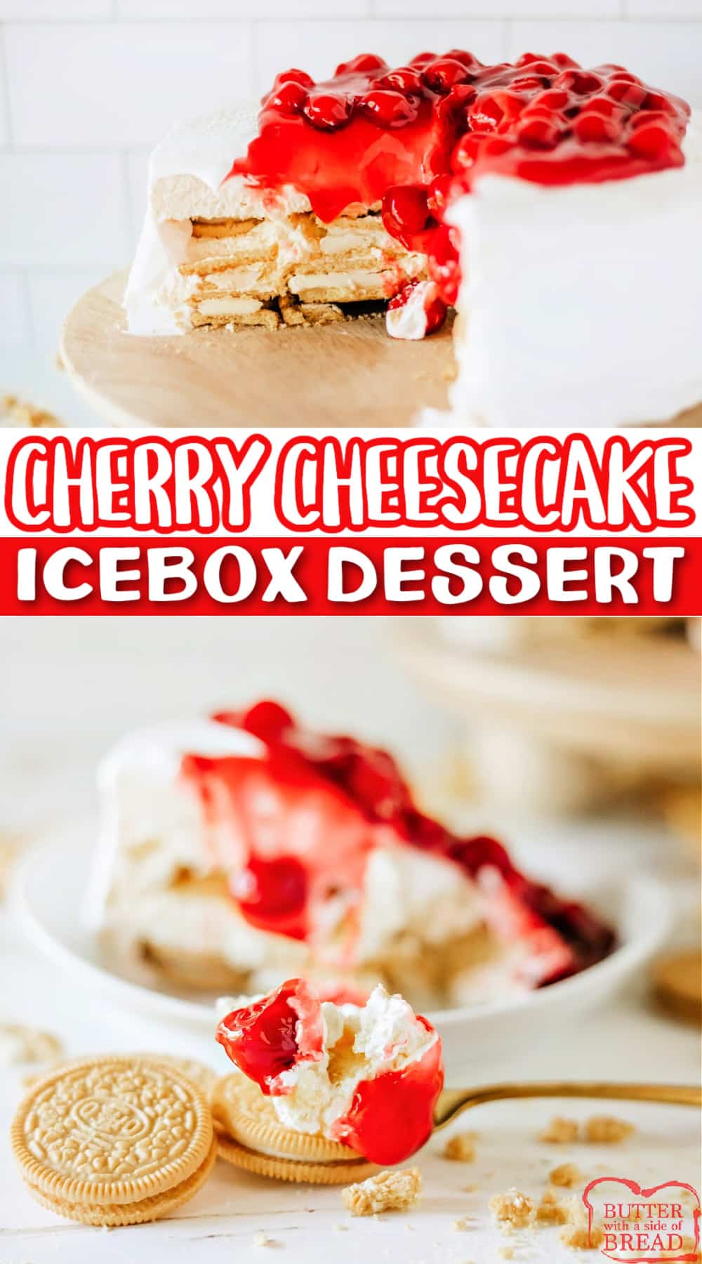 Cherry Cheesecake Icebox Dessert made with 6 ingredients and less than 20 minutes of prep time. This refreshing summer dessert is so easy to make!