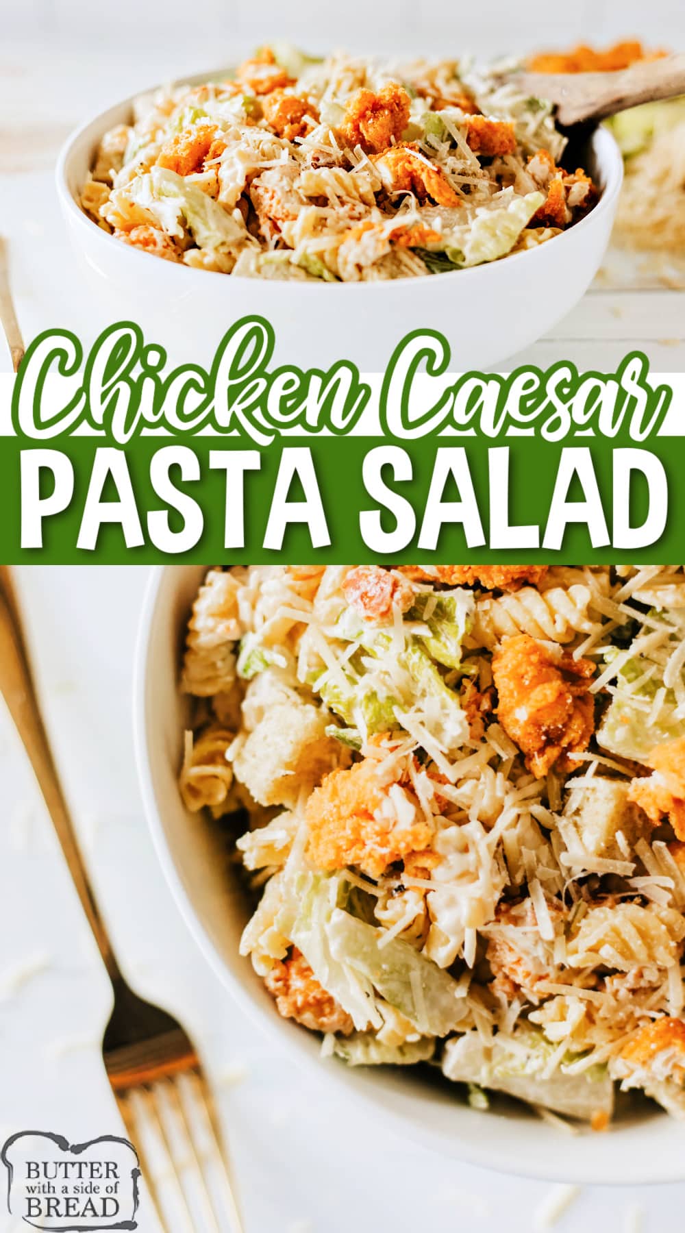 Chicken Caesar Pasta Salad is a great way to turn a salad into a filling main dish! This Caesar salad recipe is made with rotini, crispy chicken tenders, and shredded parmesan.