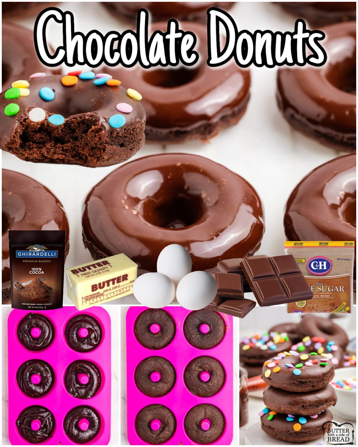 Brownie Donuts made with a rich and fudgy brownie batter, baked & glazed with a luscious chocolate ganache and sprinkles! Decadent baked donuts with fabulous chocolate flavor!