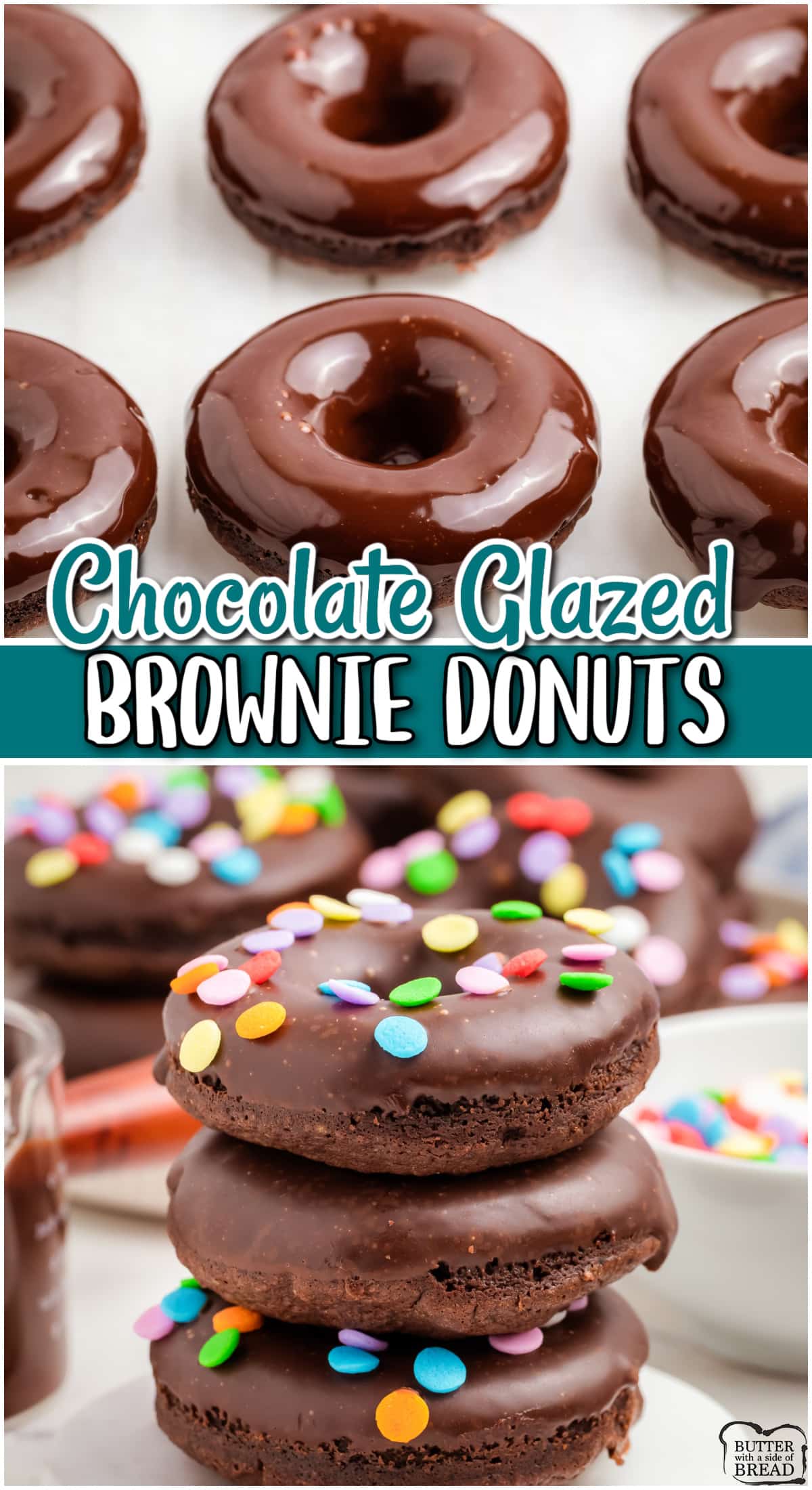 Brownie Donuts made with a rich and fudgy brownie batter, baked & glazed with a luscious chocolate ganache and sprinkles! Decadent baked donuts with fabulous chocolate flavor!