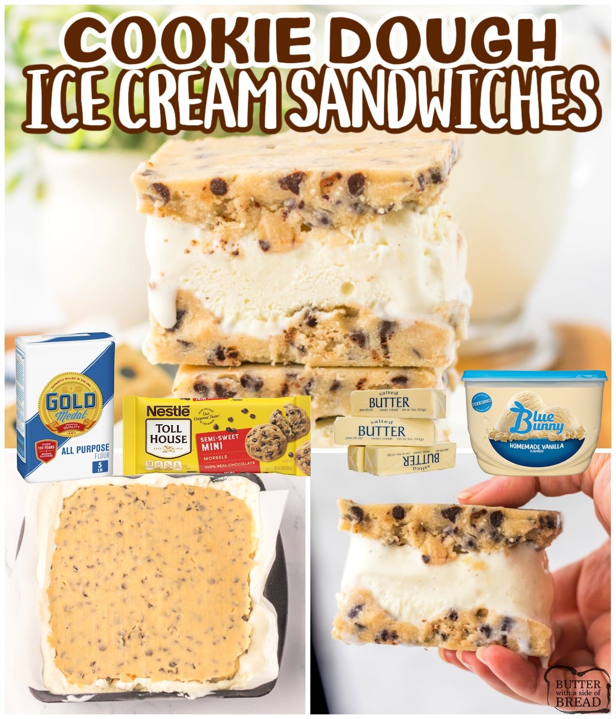 Cookie Dough Ice Cream Sandwiches are perfect for summer! Add vanilla ice cream between two layers of homemade chocolate chip cookie dough to make this delicious no-bake dessert. 