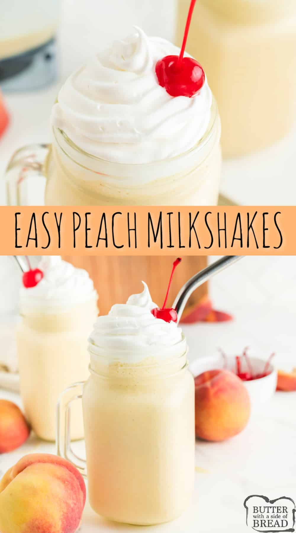 Easy Peach Milkshakes are made with vanilla ice cream, canned peaches, and milk. Add whipped cream and a cherry on top for a deliciously cold treat that is perfect for summer!