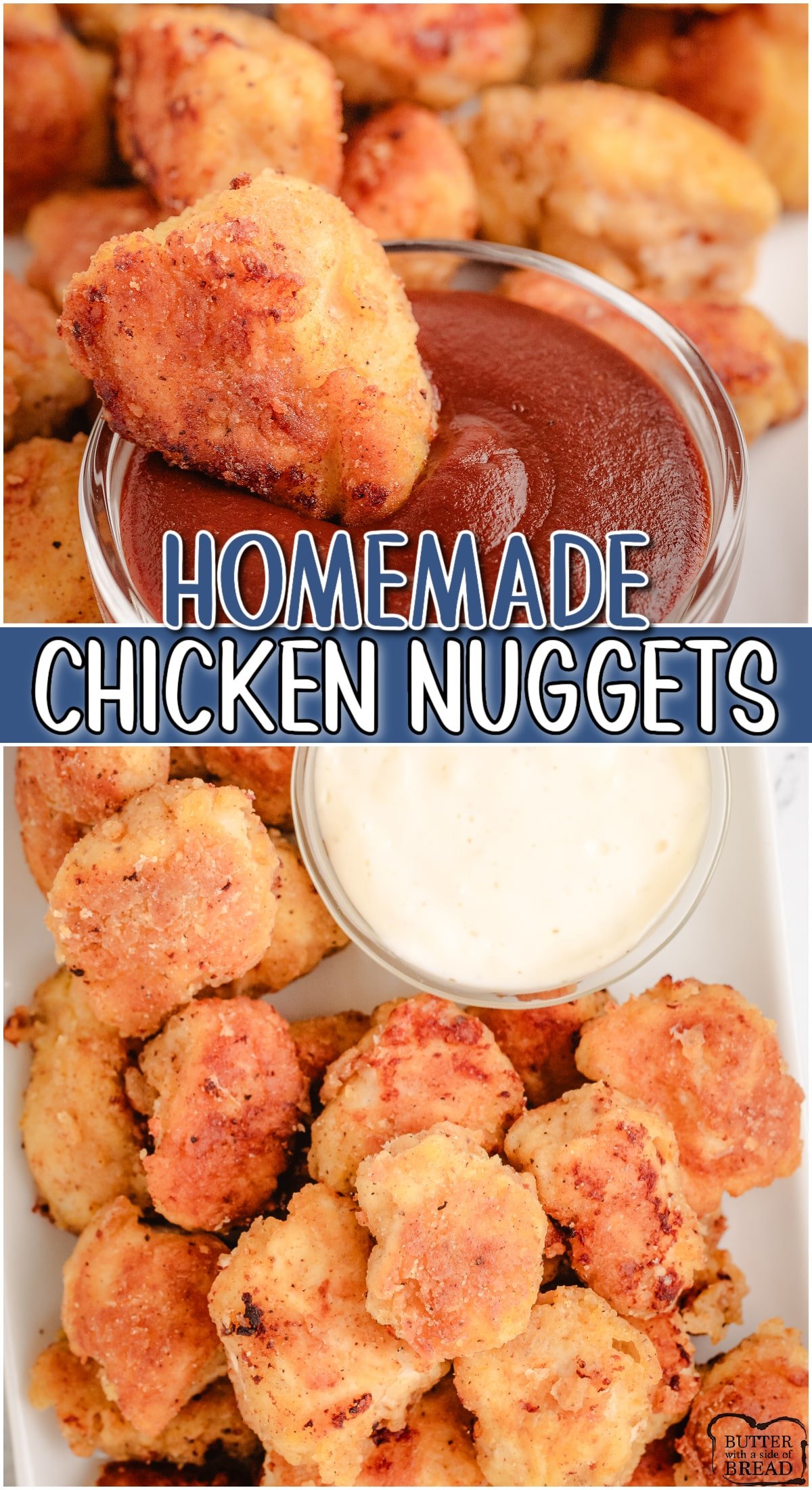 Homemade Chicken Nuggets with simple ingredients that your family won't be able to get enough of! Juicy nuggets made with a unique breading!