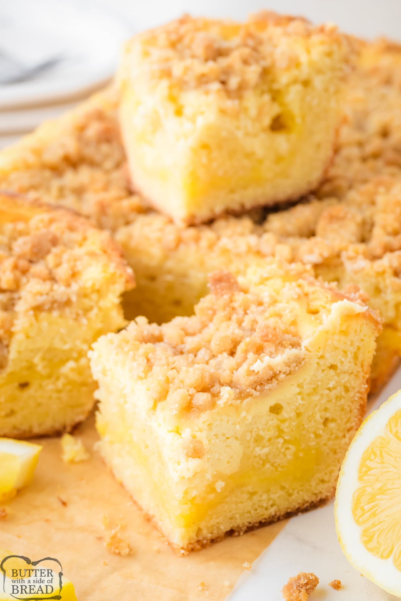 cut into a lemon crumble cake