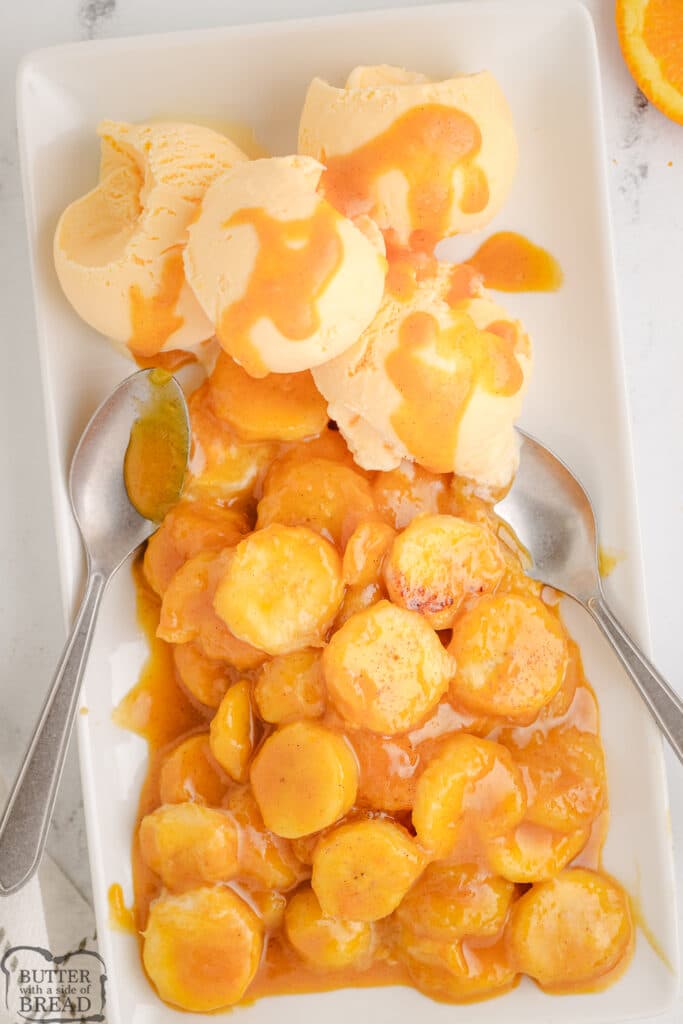 orange glazed bananas with vanilla ice cream