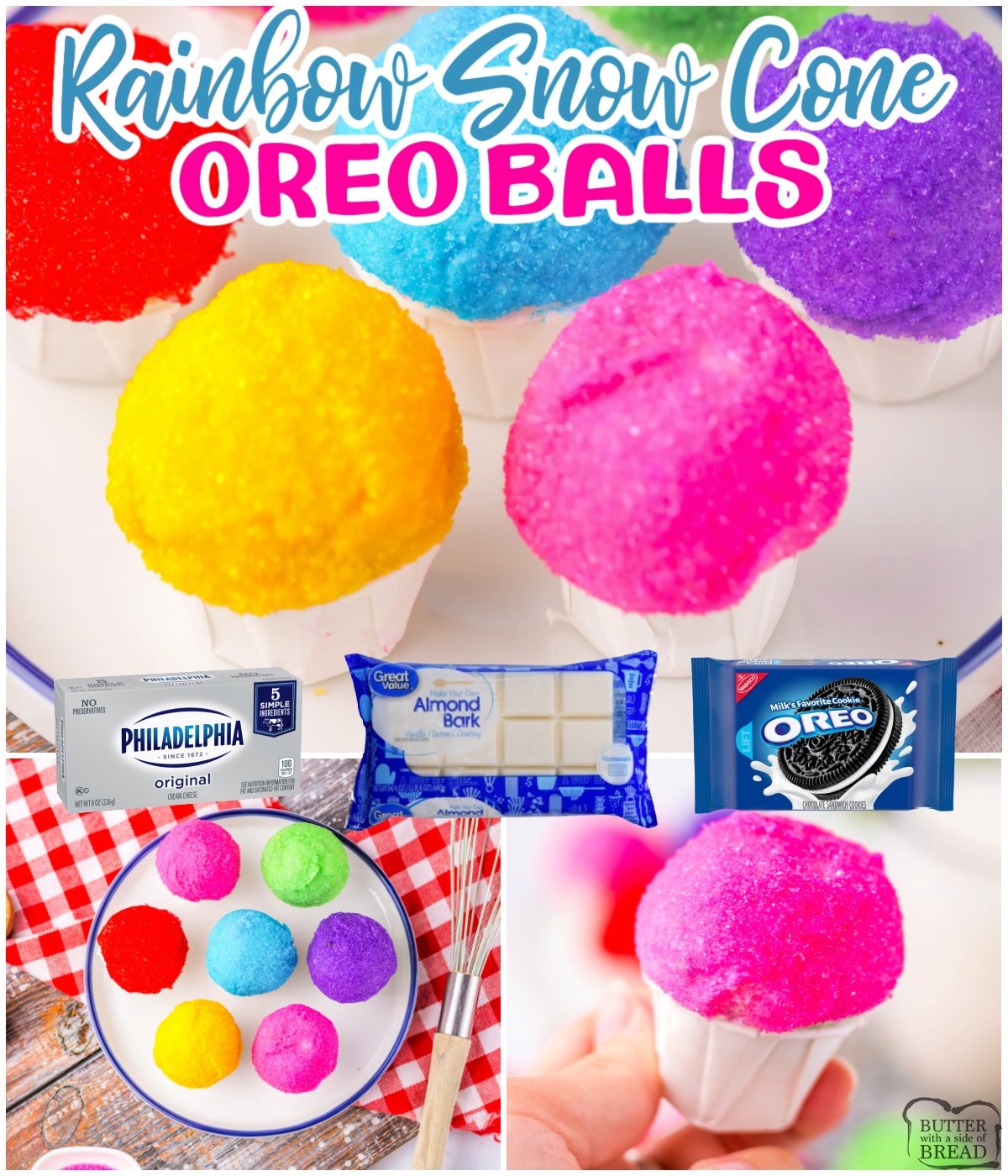 Rainbow Snow Cone Oreo Balls are made with only 4 ingredients! This delicious no-bake treat recipe is perfect for summertime parties! 