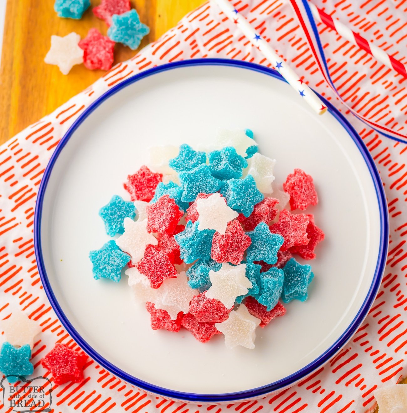 plateful of patriotic gumdrop candies made with jello and applesauce