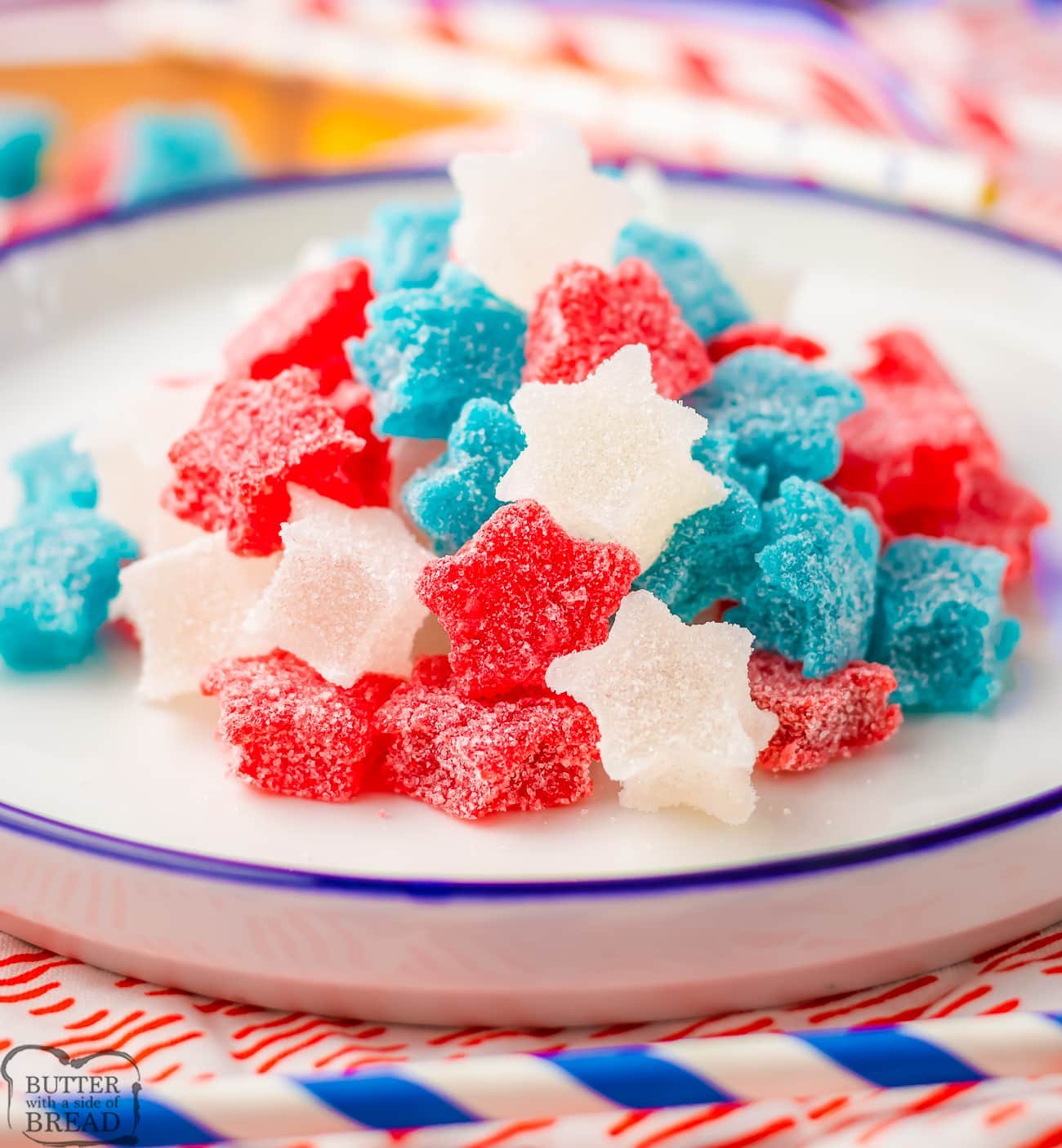 plateful of gumdrop candies in star shapes for 4th of July