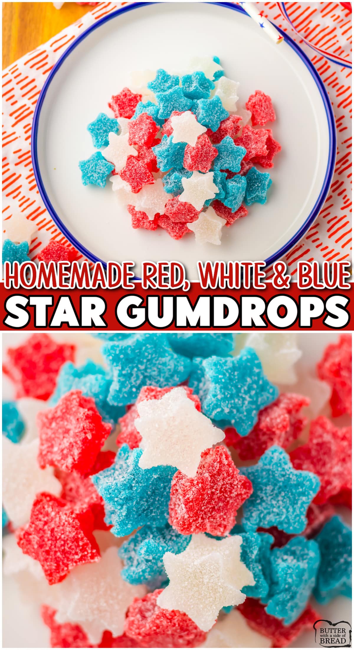 Red White & Blue Gumdrops are easy candies made with Jello, sugar & applesauce! They're a festive & delicious 4th of July dessert!