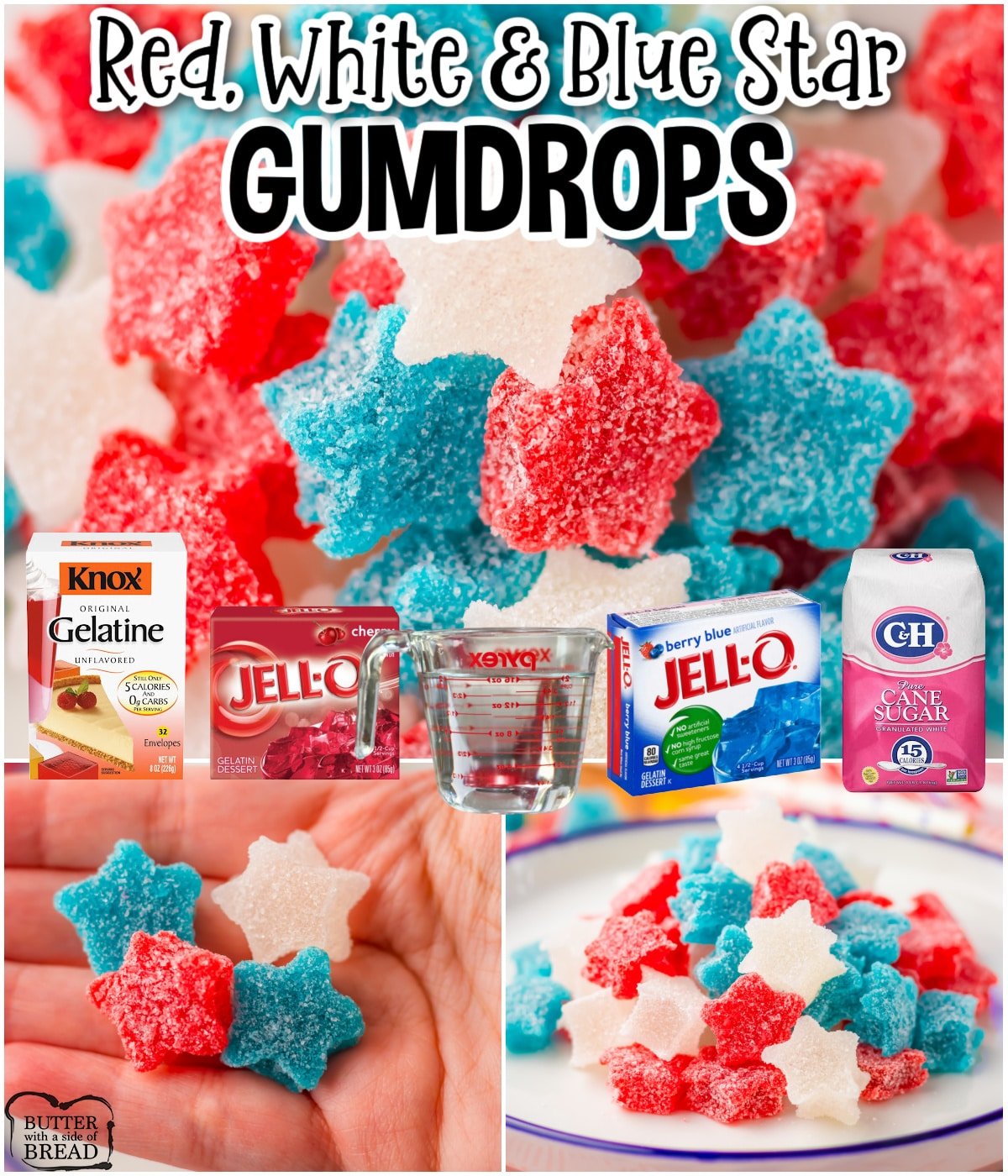 Red White & Blue Gumdrops are easy candies made with Jello, sugar & applesauce! They're a festive & delicious 4th of July dessert!