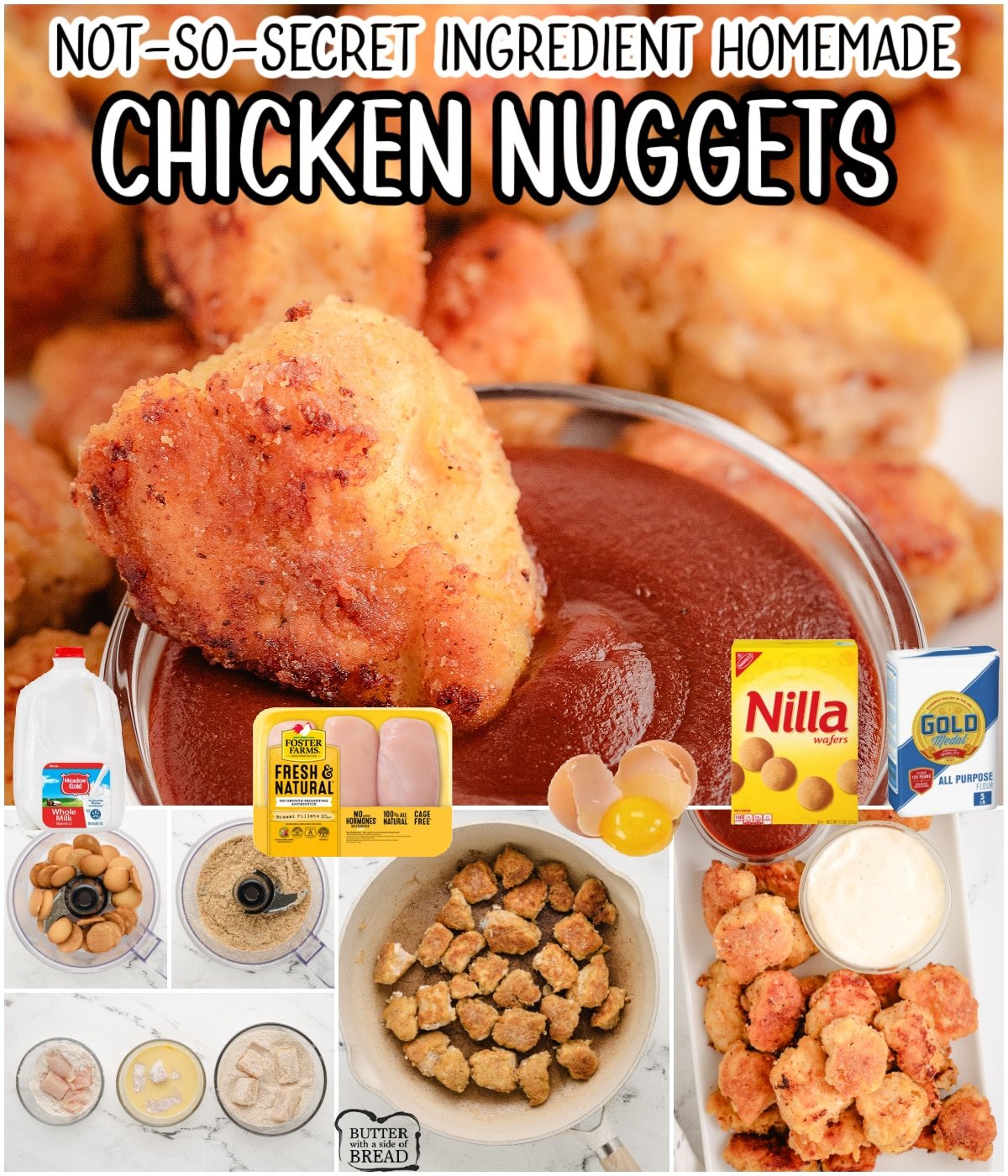 Homemade Chicken Nuggets with simple ingredients that your family won't be able to get enough of! Juicy nuggets made with tender chicken & a unique breading that tastes incredible!