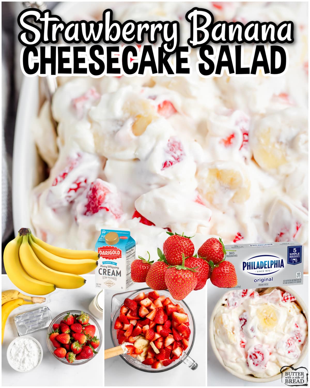 Creamy, fruity Strawberry Banana Cheesecake Salad is so easy to make & perfect for summertime cookouts! A sweet cream cheese whipped cream filling swirled with fresh fruit for a simple twist on a traditional fruit salad.