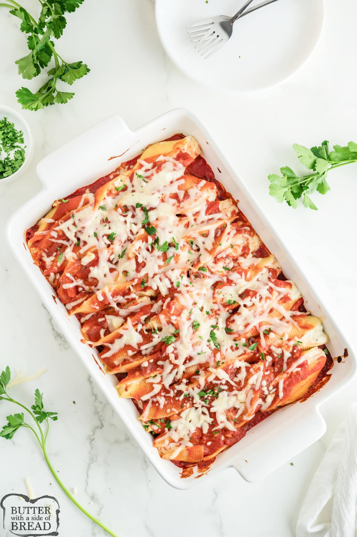 Baked stuffed shells with cheese.