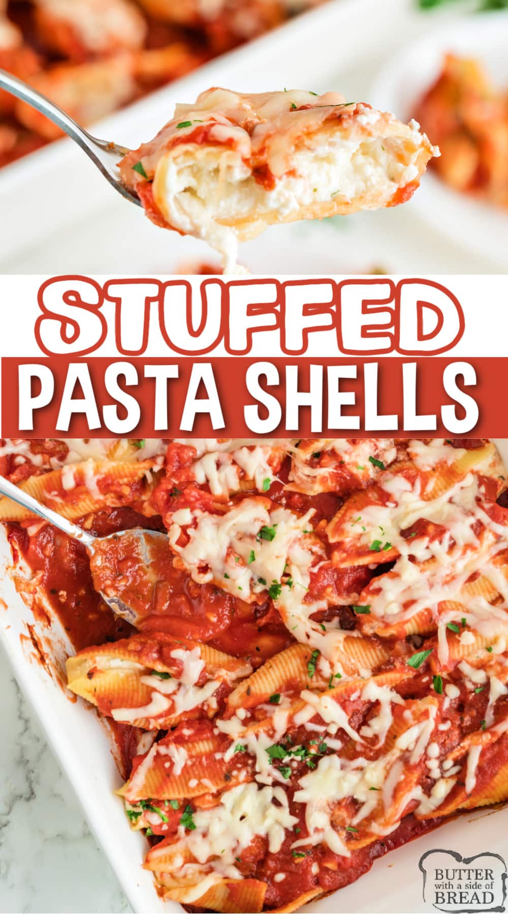 Stuffed Pasta Shells made with marinara sauce, ricotta, mozzarella, and parmesan. Deliciously easy weeknight dinner recipe the whole family will love!