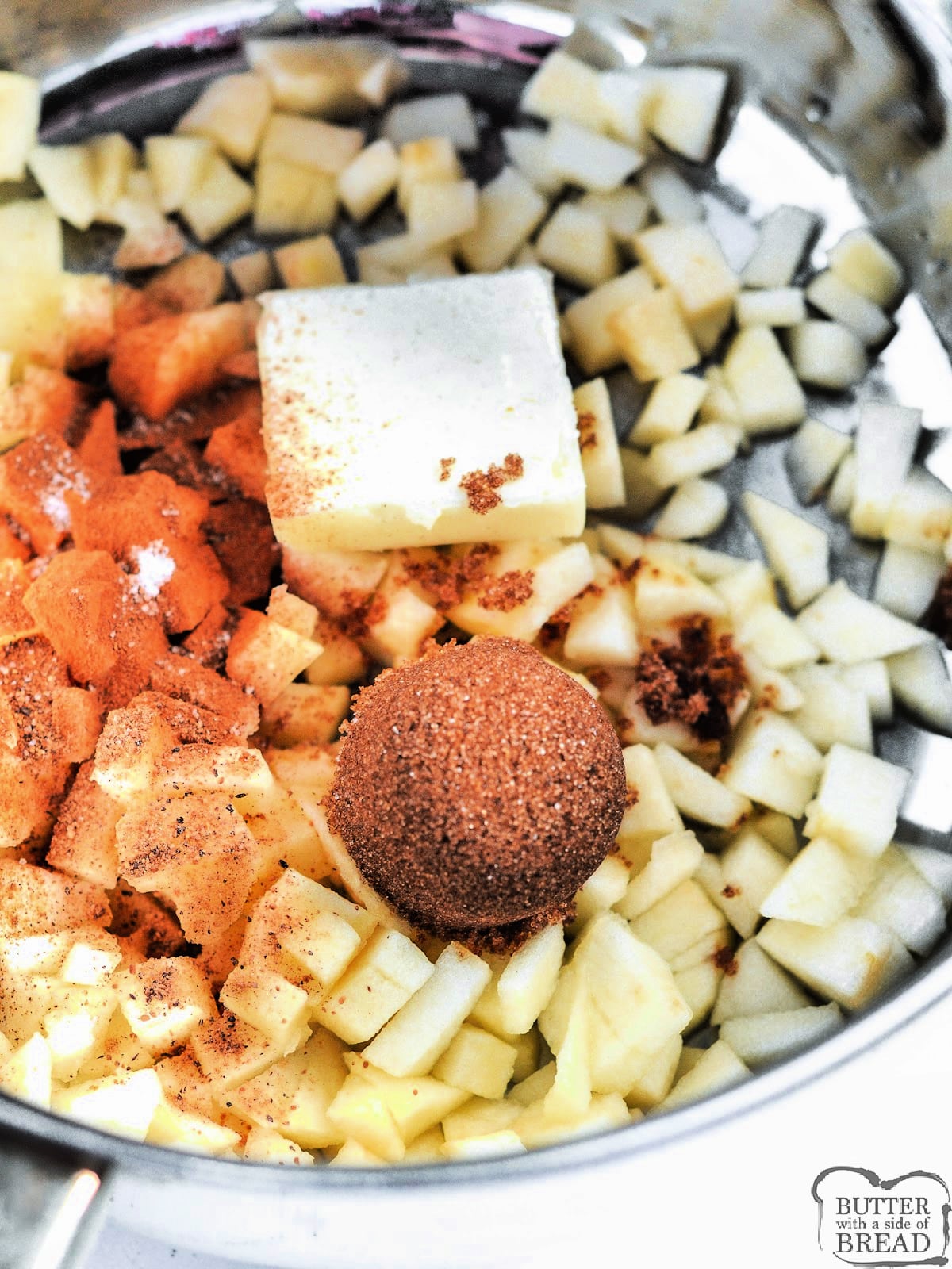 Cooking apples with butter, brown sugar, and cinnamon. 